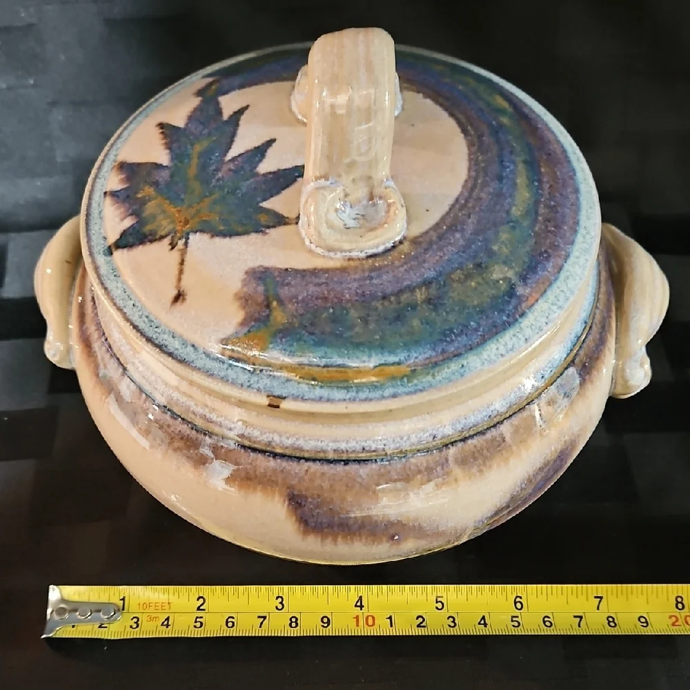 Randy Pearsall Signed Maple Leaf Art Pottery Lidded Casserole Dish, Handcrafted